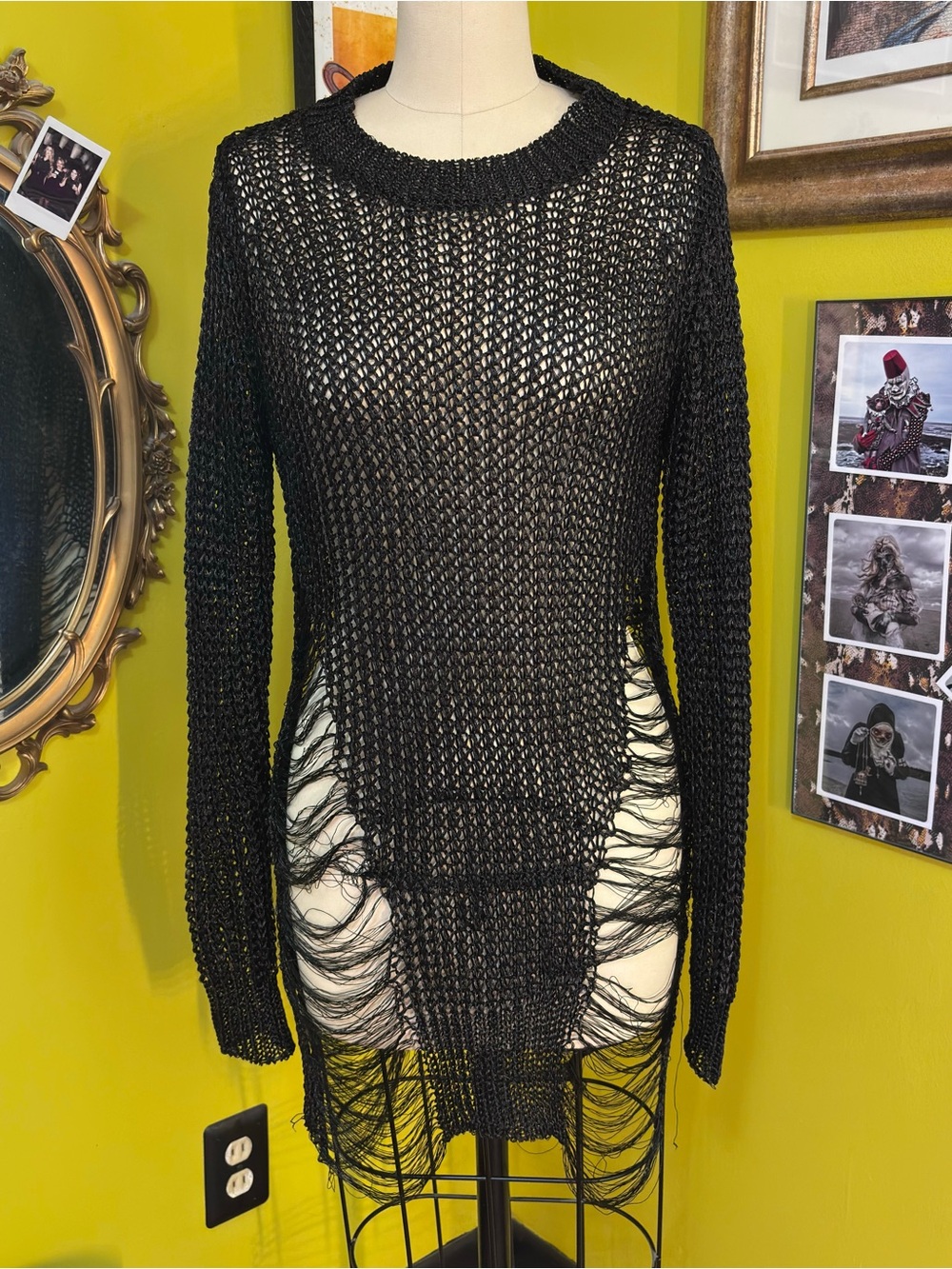 Black Metallic Knit Fringe Sweater Swim cover up Medium Large